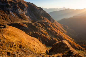 Autumn in Dolomites in Italy, Alpe di Siusi, Tre Cime.
