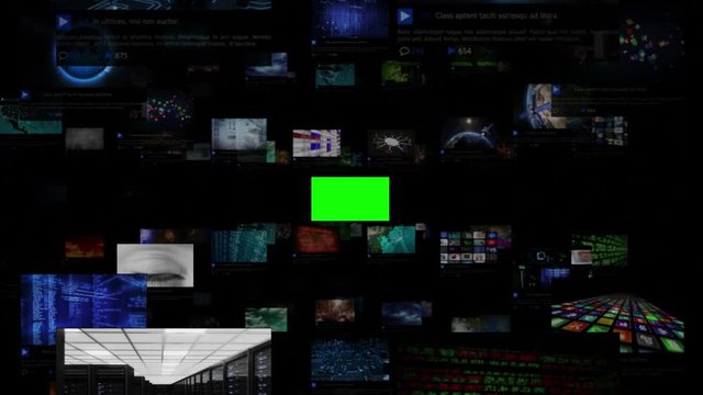 Video Wall with green screen. Journey through video screens showing multiple themed videos. Loopable. Chroma key screens for adding your own footage. All videos available in my portfolio. 