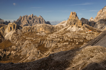 Autumn in Dolomites in Italy, Alpe di Siusi, Tre Cime.