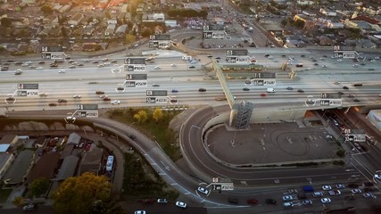 Traffic surveillance system in highway. Speed and identity Control System.  Blurred and fake driver and car information displaying. Future transportation.  Artificial intelligence. Autonomous car.
