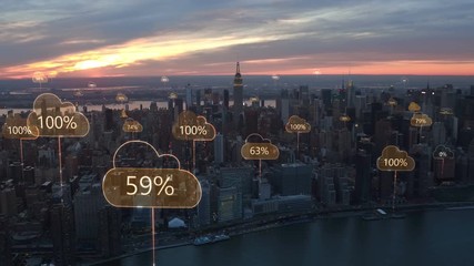 Aerial smart city. Network connections and cloud computing icons with percentages. Technology concept, data communication, artificial intelligence, internet of things. New York City skyline. - Powered by Adobe