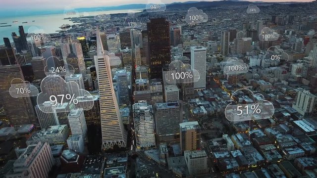 Aerial smart city. Network connections and cloud computing icons with percentages. Technology concept, data communication, artificial intelligence, internet of things. San Francisco skyline.