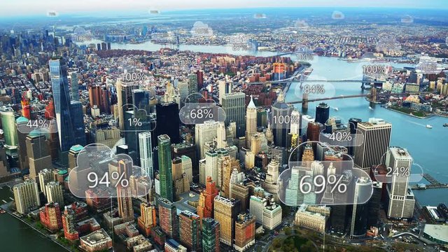 Aerial smart city. Network connections and cloud computing icons with percentages. Technology concept, data communication, artificial intelligence, internet of things. New York City skyline.