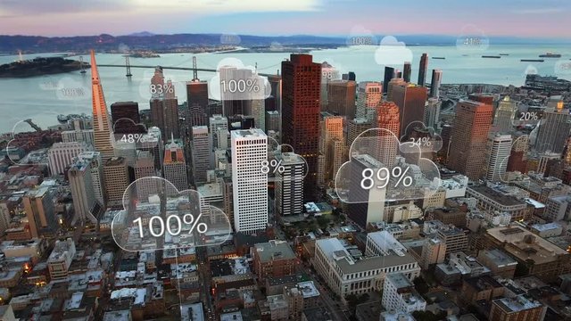Aerial smart city. Network connections and cloud computing icons with percentages. Technology concept, data communication, artificial intelligence, internet of things. San Francisco skyline.