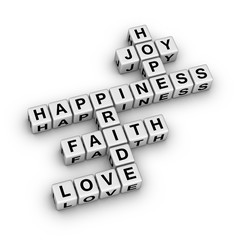 Obraz premium Positive Emotion Word Cloud. 3D cubes crossword puzzle on white background.