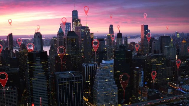 Localization icons in a connected futuristic city. Technology concept, data communication, artificial intelligence, internet of things. Aerial smart city. New York City skyline.