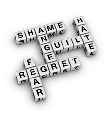 Negative Emotion Word Cloud. 3D cubes crossword puzzle on white background.