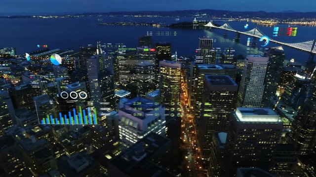 Aerial view of San Francisco with financial charts and data. Futuristic city skyline. Big data, Artificial intelligence, Internet of things, VR. Stock exchange figures.