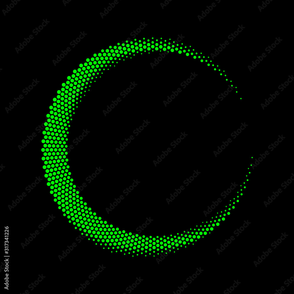 Poster Halftone round as icon or background. Green abstract vectors circle frame with dots as logo or emblem. Circle border isolated on background for your design.
