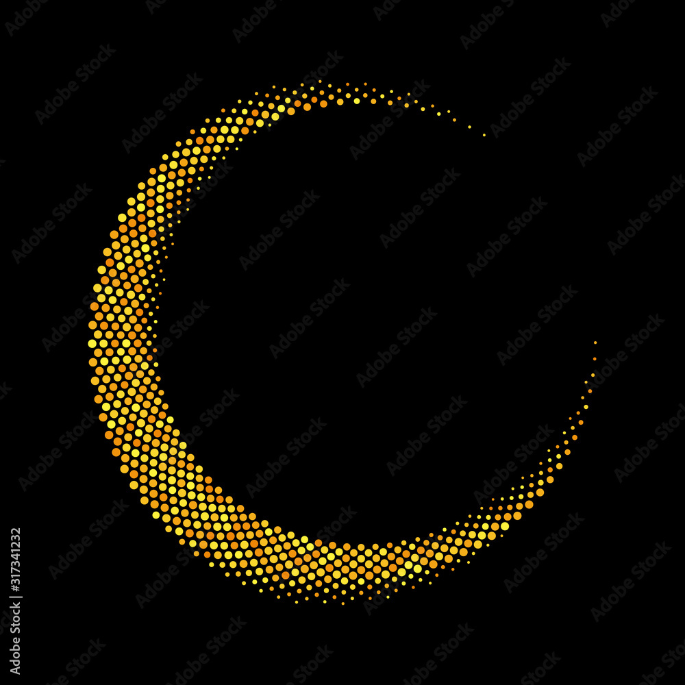 Poster Halftone round as icon or background. Golden abstract vectors circle frame with dots as logo or emblem. Circle border isolated on background for your design.