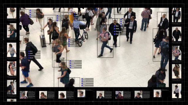 Surveillance interface using artificial intelligence and facial recognition systems to categorize individual data showing sex, race and type of clothing of every person. Deep learning. Futuristic.