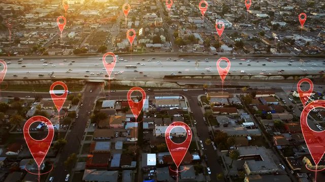 Aerial smart highway. Localization icons in a connected futuristic city. Technology concept, data communication, artificial intelligence, internet of things. Traffic in a highway.