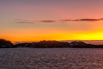 Amazing Sunset over Lofoten island, Norway. Dramatic winter landscape
