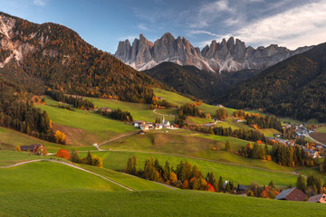 Autumn in Dolomites in Italy, Alpe di Siusi, Tre Cime.