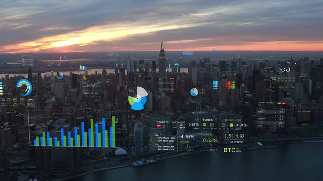 Financial charts and data in New York. Holographic information. Futuristic city skyline. Virtual Reality.