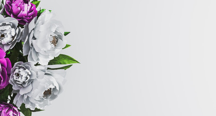 White floral background with white and purple peonies on side. Women's Day, Floral background concept. Spring time concept. Invitation, greeting card. Mockup. 3d rendering