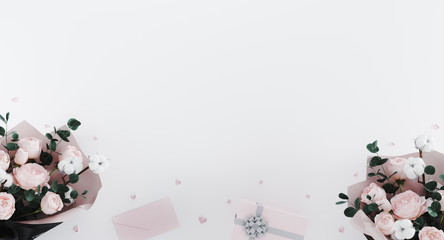 White romantic background with peonies bouquets, heart shaped confettim, letter and white gift box with pink ribbon. Women's Day, Valentine's Day, Mother day, Wedding, Birthday concept. 3d render
