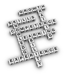 Personal Soft Skills Concept Word Cloud. 3D cubes crossword puzzle on white background.