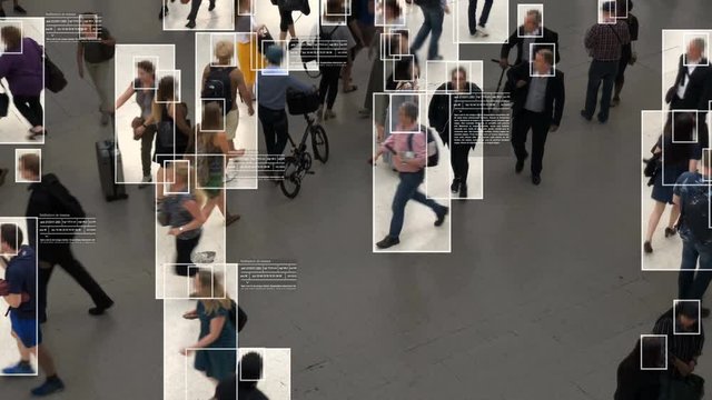 High view of commuters walking. Facial recognition interface showing personal data for each person. Surveillance concept. Artificial intelligence. Deep learning.