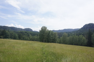 Obraz premium Beautiful view over meadow to the Teichstein and Lorenzstein mountains