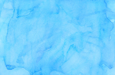 Watercolor light blue lagoon color background painting. Watercolour bright sky blue stains on paper. Artistic backdrop.