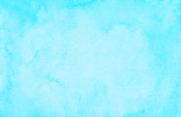Watercolor pastel cyan blue background painting. Watercolour bright sky blue stains on paper. Artistic frame backdrop.