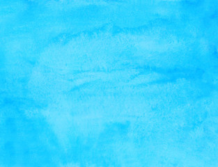 Watercolor light blue background texture. Watercolour bright sky blue stains on paper. 