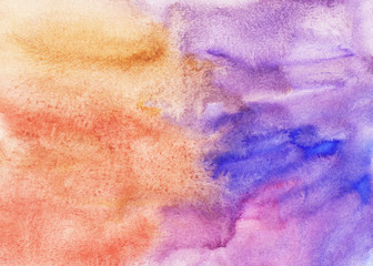 Watercolor light violet, reddish brown, blue background painting texture. Multicolored watercolour pastel backdrop, stains on paper.