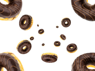 Round sweet doughnuts isolated on white. Fall background. Glazed sprinkles.