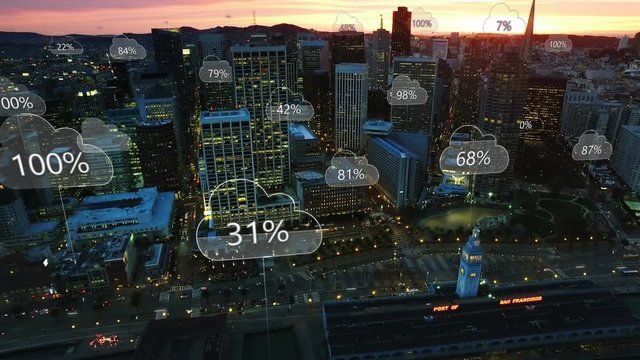 Aerial smart city. Network connections and cloud computing icons with percentages. Technology concept, data communication, artificial intelligence, internet of things. San Francisco skyline.