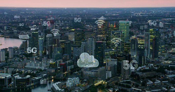 Futuristic city connected through 5G. High tech vision. Wireless network, mobile technology concept, data communication, cloud computing, artificial intelligence, internet of things. 