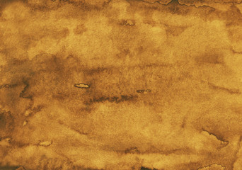 Watercolor old gold color background painting, antique texture. Watercolour brown yellow backdrop. Hand painted artistic overlay.
