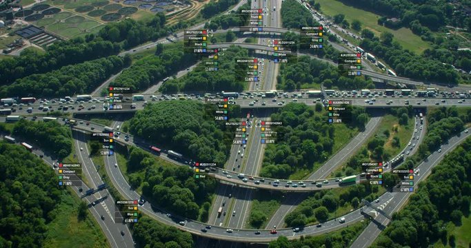  Aerial view of traffic in a major highway. Artificial intelligence interface showing ID, speed, color and type of car. Surveillance concept. Deep learning. Computer vision. Shot on Red Weapon 8K.