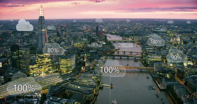 Network connections and cloud computing icons with percentages. Technology concept, data communication, artificial intelligence, internet of things. Aerial smart city. London, England. Red Weapon 8K.