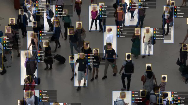 Crowded building with commuters walking. Artificial intelligence and facial recognition are used for surveillance purposes. Individual data showing sex, race and clothing. Deep learning. Futuristic.