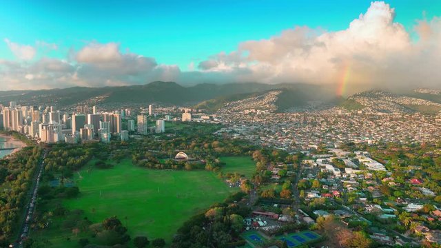 Aerial view of Honolulu skyline and the Kapi olani Regional Park. Waikiki Beach. Oahu island, Hawaii. United States.