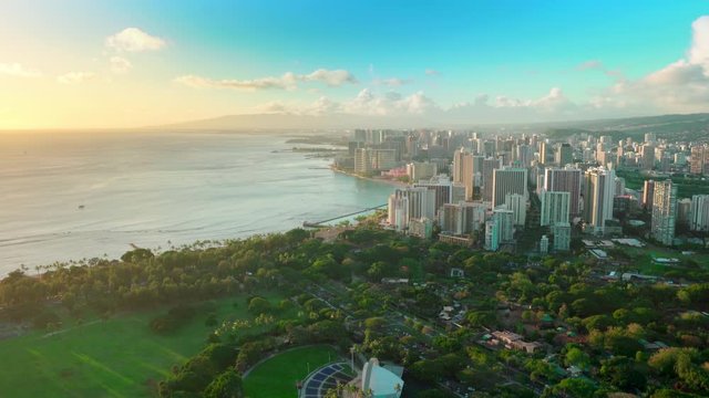 Aerial view of Diamond Head Crater with Honolulu skyline in the background. Oahu island, Hawaii. United States. Kapi olani Regional Park.