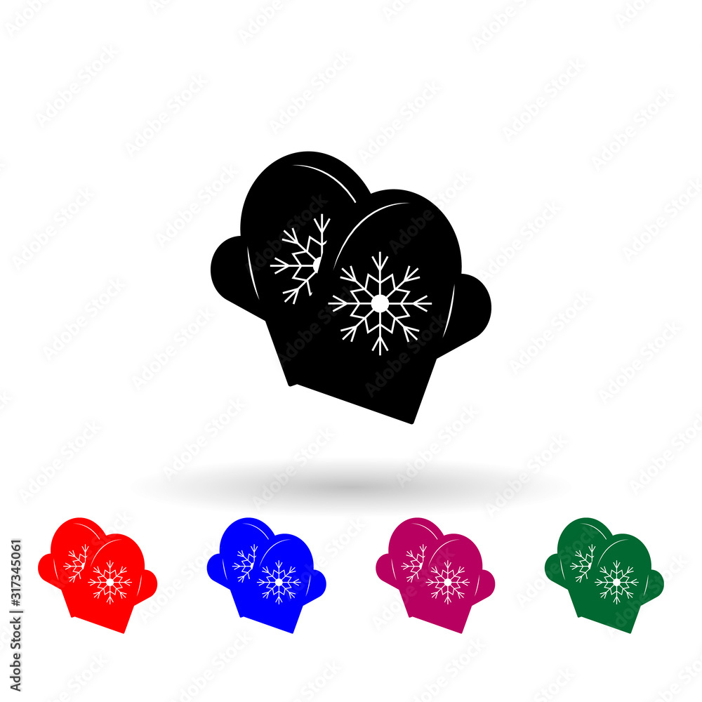 Poster winter mittens with snowflake elemenent multi color icon. simple glyph, flat vector of winter icons 