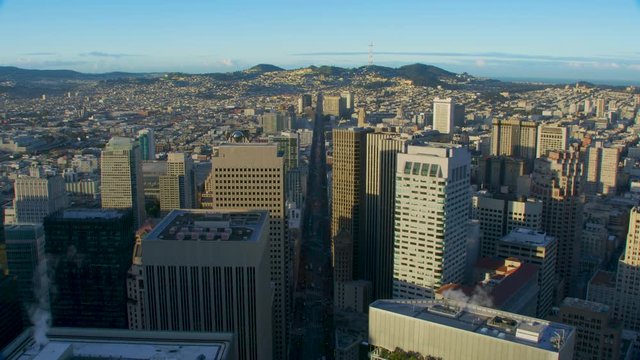 Aerial view of Market street and several skyscrapers. Financial District. Shot on Red weapon 8K. California, United States.