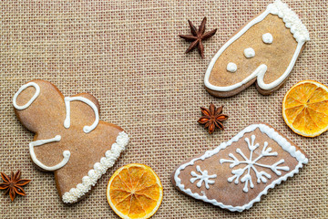 Christmas homemade gingerbread cookies. Celebration cooking Winter concept. New year and christmas postcard or invitation