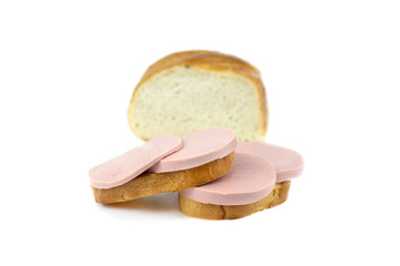 sandwiches with boiled sausage,isolated on a white background.