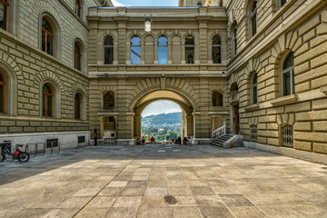 Bern, Switzerland - July 26, 2019: Panoramic view of the squares, streets and buildings of historical part of Swiss capital