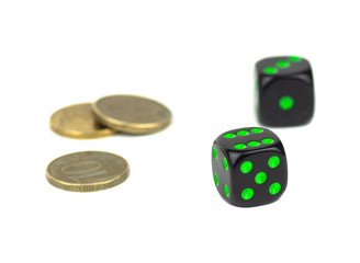 Two simple playing black cubes and Russian currency