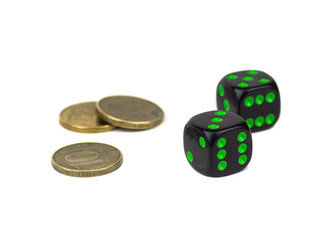 Two simple playing black cubes and Russian currency
