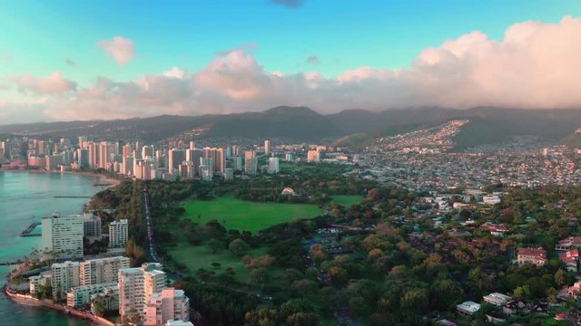Aerial view of the magnificent tropical beaches and luxury hotels throughout the shoreline in Oahu island and the Kapi olani Regional Park. Hawaii. U.S.