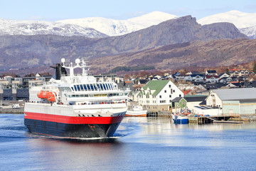 Coastal ships departure from Bronnoysund harbor, Northern Norway