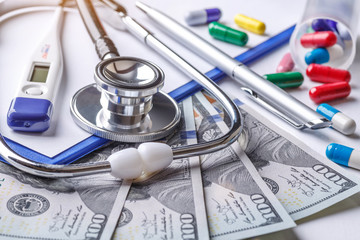 Drug prescription for treatment medication. Pharmaceutical medicament, cure in container for...