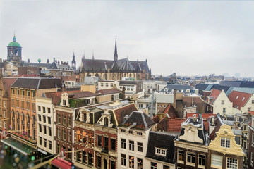 Roofs of old Dutch medieval houses in Amsterdam, top view