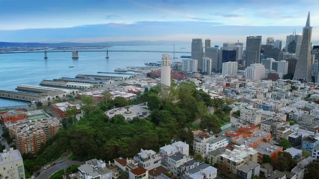 Aerial view of The Coit Tower and the financial district. San Francisco, California. USA. Shot from helicopter.