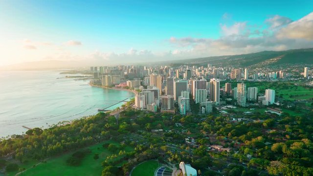 Honolulu skyline. Aerial view of Waikiki beach and Kapi olani Regional Park. Oahu is the third largest Hawaiian island. United States.